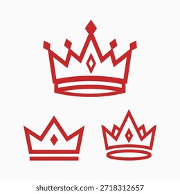 Three stylized red crowns are displayed against a white background. The crowns vary in size and design, with intricate lines and diamond shapes.