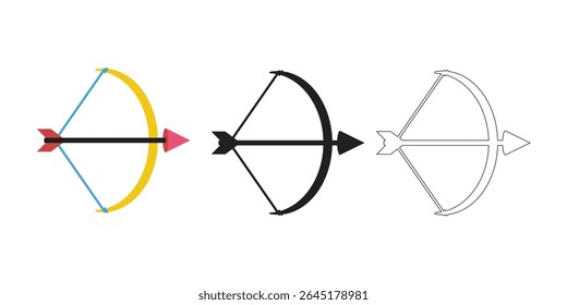 Three stylized representations of a bow and arrow in different artistic styles