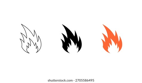 Três representações estilizadas de chamas: um esboço, uma silhueta preta e uma ilustração colorida em um fundo branco.