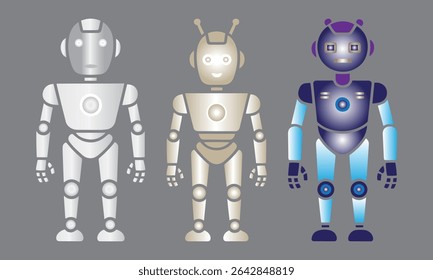Three stylized robots featuring various colors representing technology and futuristic concepts.