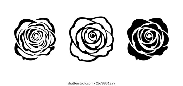 Três flores de rosa estilizadas em preto e branco são organizadas em uma fileira, criando um design botânico minimalista e elegante ideal para fundos, padrões e projetos de design gráfico.