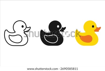 Three stylized rubber ducks in different styles: a black and white outline, a solid black silhouette, and a colorful yellow and orange illustration, perfect for playful designs.
