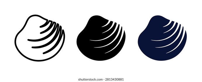 Three stylized seashell icons in outline, solid black, and dark blue variations, isolated on a clean white background