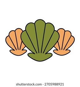 Tres conchas de mar estilizadas en el océano naranja y verde