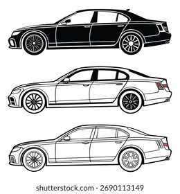 Three stylized sedan car outlines in black and white, side view