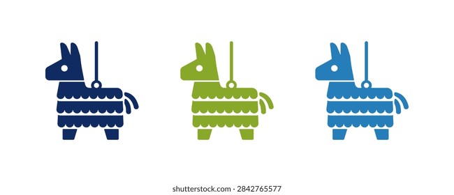 Three stylized pi?atas in the shape of donkeys, colored blue and green, are depicted hanging against a plain white backdrop.