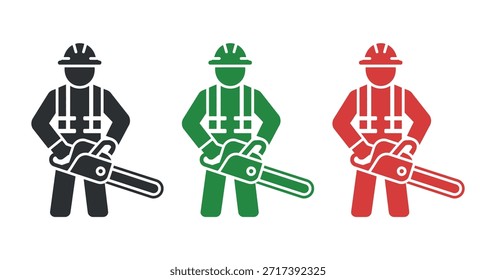 Tres siluetas estilizadas de trabajadores sosteniendo motosierras se representan en verde negro y rojo mostrando trabajo industrial y equipos de seguridad