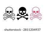 Three stylized skull and crossbones icons in different colors