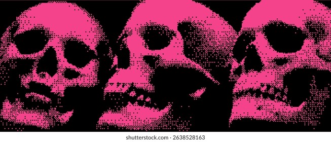 Three stylized skulls exhibit a striking neon pink hue against a contrasting dark background. Bitmap overlay bg with pixel effect 
