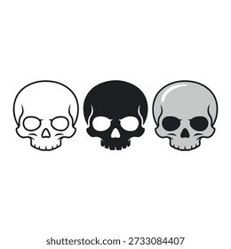 Three stylized skulls in white black and gray colors aligned side by side on a plain background