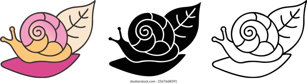 Three stylized snail illustrations a pink and orange snail, a black snail, and an outline version, each with a leaf. Simple, cute designs.