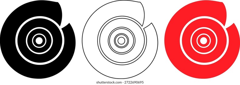 Three Stylized Snail Shell Spirals in Black and Red Line Styles