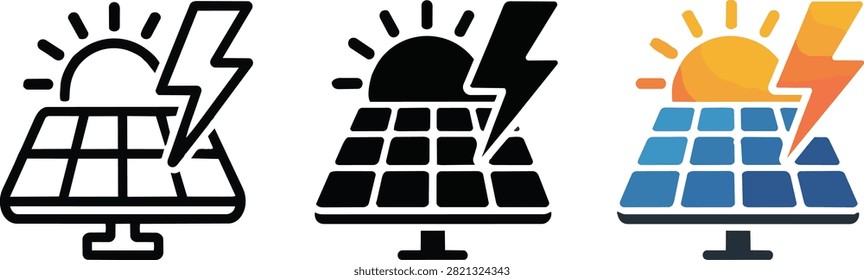 Three stylized solar panel icons with sun and lightning bolt symbols, representing solar energy generation.
