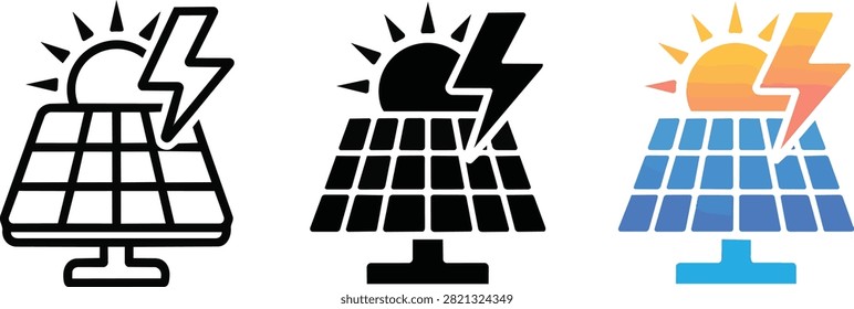 Three stylized solar panel icons with sun and lightning bolt symbols, representing solar energy generation.