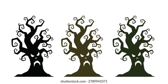 Three stylized spooky tree graphics in black, brown, and dark green, featuring swirling branches and a menacing face, perfect for Happy Halloween themed designs and autumn celebrations.