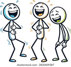 Three stylized stick figures laughing hysterically with neon colorful outlines on a black background vector illustration