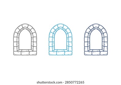 Three stylized stone arch windows are shown side by side. One is a simple line drawing, another has a blue gradient, and the third is a darker line drawing.