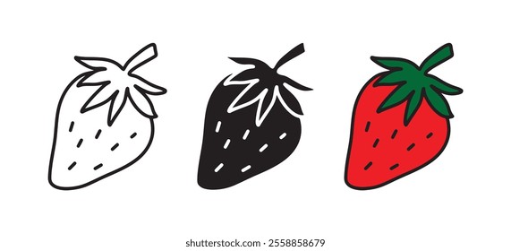 Three stylized strawberry illustrations in black and white and color