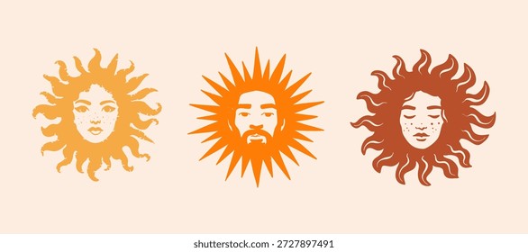 Três faces estilizadas do sol em cores terrosas quentes. Símbolos decorativos celestiais com faces humanas, inspirados no folclore, na astrologia e na estética boho. Ilustração vetorial.