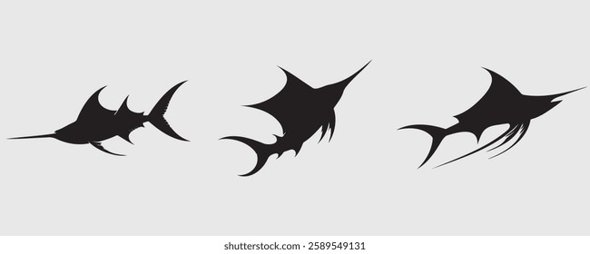 Three stylized swordfish silhouettes with sharp, dynamic shapes, emphasizing speed and agility. Ideal for marine-themed designs, logos, and artistic ocean-inspired illustrations