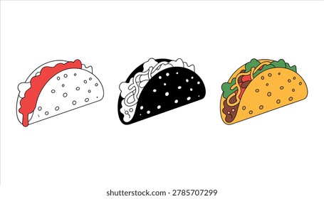 Three stylized tacos one with red sauce one black and white one with fillings mexican food in white background