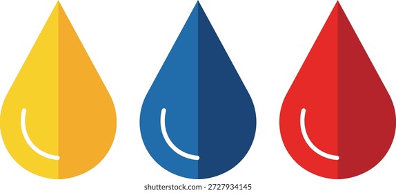Tres lágrimas estilizadas amarillo azul rojo con líneas curvas blancas agua líquida