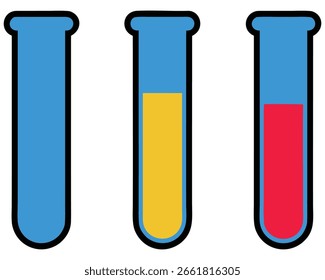 Três tubos de ensaio estilizados com líquido azul amarelo e líquido vermelho 1