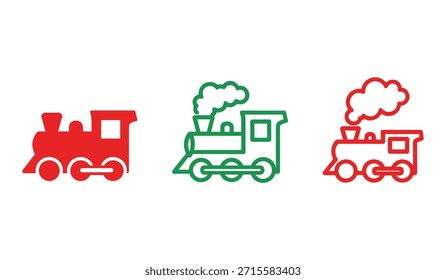 Drei stilisierte Züge in Rot und Grün auf weißem Hintergrund Schlüsselwörter Zug, Lokomotive, Dampfmaschine, Verkehr