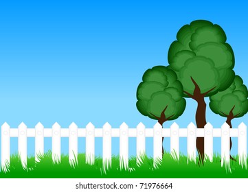 Three stylized tree behind a white fence