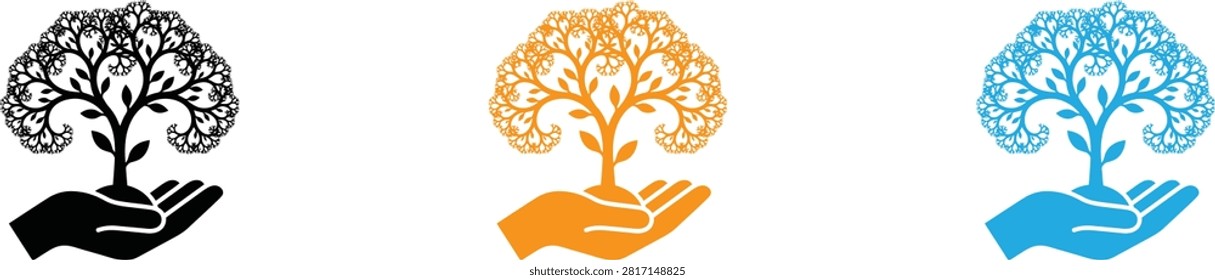 Three stylized tree icons with different colored roots and soil isolated on transparent background, Vector