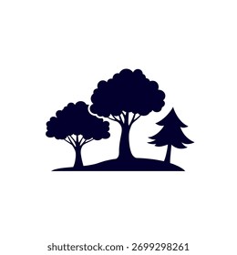 Três árvores estilizadas de várias formas e tamanhos em uma colina gramada com um fundo claro