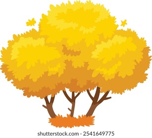 Three stylized trees with vibrant yellow leaves embrace autumn, with fallen leaves creating a warm carpet at their base