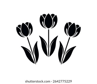 Three stylized tulip silhouettes arranged in a pleasing composition.  The distinctive minimalist silhouette style makes this image perfect for various design applications.  Ideal for logos, patterns, 