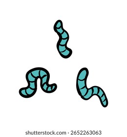 Three stylized, turquoise worms with black outlines and segmented bodies, displayed against a white background.