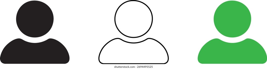 Três ícones estilizados de perfil de usuário em preto, branco e verde, representando diferentes estados ou opções.