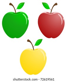 Three stylized vector apple made in yellow, green and red