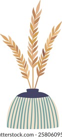 Three stylized wheat branches with long stems standing inside a blue and beige striped vase, bringing a touch of nature and rustic charm to interior design