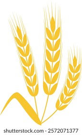 Three stylized wheat stalks are forming a simple composition, with a single leaf at their base, representing agriculture, farming, and harvest