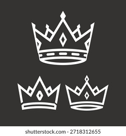 Three stylized white crowns are displayed against a dark gray background. The crowns feature intricate designs with pointed peaks and decorative bands, symbolizing royalty and power.