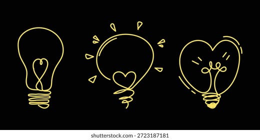 Drei stilisierte gelbe Leuchtstoffzeichnungen mit Herzfilamenten veranschaulichen Konzepte brillanter Ideen, die von der Liebe inspiriert wurden und auf einem soliden schwarzen Hintergrund glühen und einzigartige visuelle Elemente liefern.