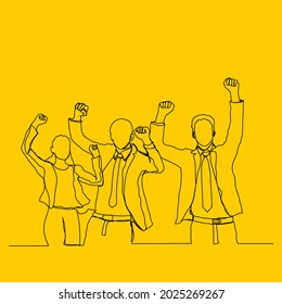 three successful men with suit raising hands in one line vector illustration