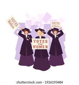 Three suffragettes in a coat and a hat lead the crowd with a "Rights for Women" poster from the 1920s. The ribbon is white, green and purple. Solidarity and strength. Vector flat illustration.