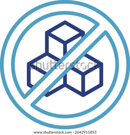 Three sugar cubes with a prohibition symbol as a symbol for sugar-free food or a prohibition for diabetics to consume sugar, a relevant icon for the condition of diabetics.