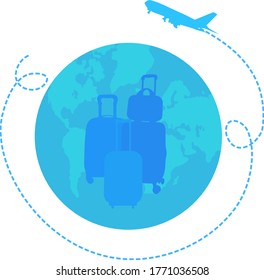 Three suitcases against the backdrop of the planet and a flying salad in blue.