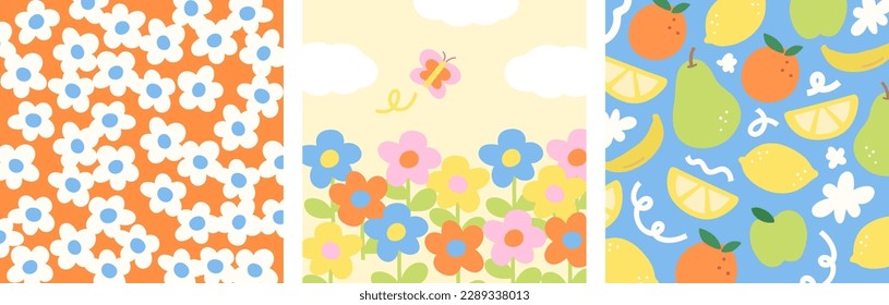 Los papeles de las paredes de verano vienen con tres diseños: flores blancas de fondo naranja, flores coloridas con mariposa y frutas. Se puede usar para imprimir, decorar, presentar, banner, afiche, etc.