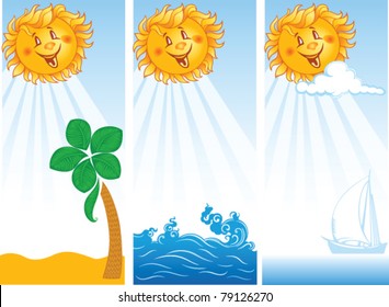three summer banners with smiling sun