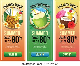 three summer holiday vertical banner website cocktail drink vector illustration