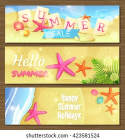 Three summer holidays and travel banners with starfishes and shells on sand. Vector illustration