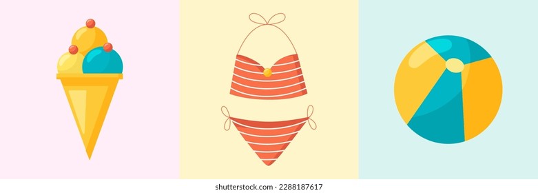 Three summer objects, swimsuit, ice cream and beach ball, vector decorative objects.