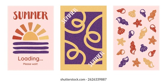 Three summer retro posters with raising sun drawing, seashells, text and abstract shapes. Vertical banners with grain texture. 